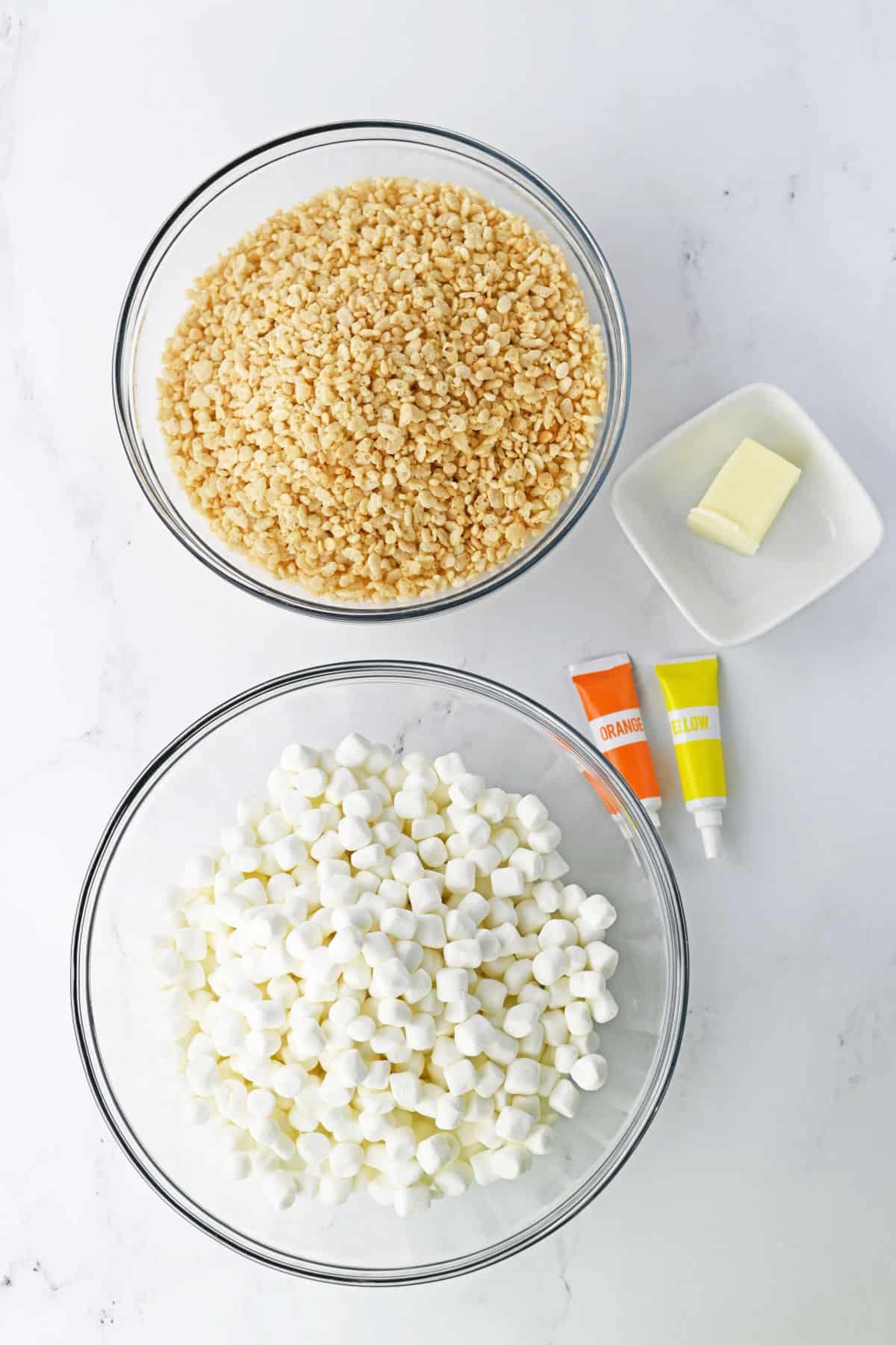 Candy Corn Rice Krispie Treats Ingredients.
