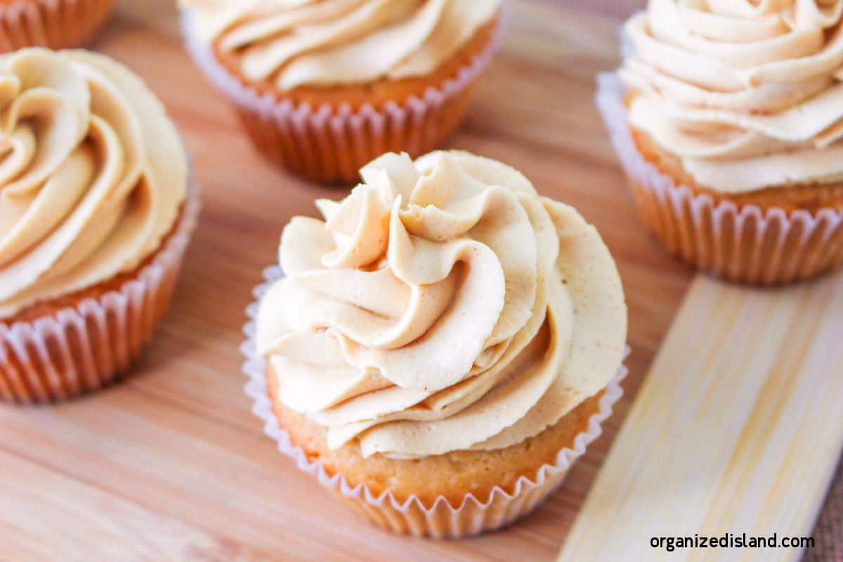 Peanut Butter cupcake with Peanut Butter Frosting on tray - landscape.