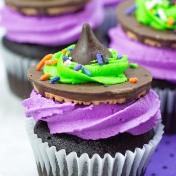 Halloween Witch Cupcake on a plate.