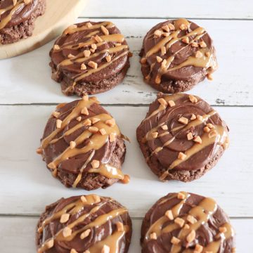 Easy Chocolate Caramel Cookies on wood table.