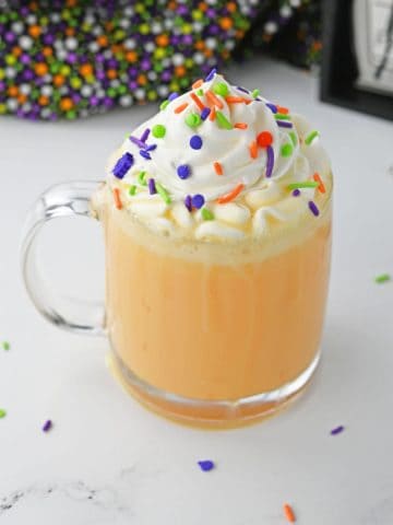Best Halloween Hot Chocolate in cup with sprinkles.