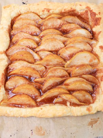 Puff Pastry Pear Tart on tray.