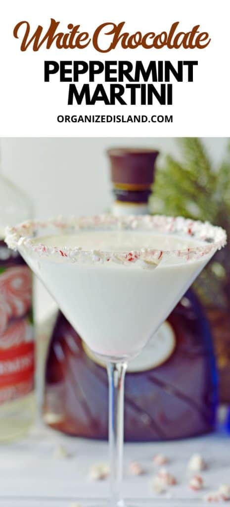 White Chocolate Peppermint Martini in glass with candy rim.