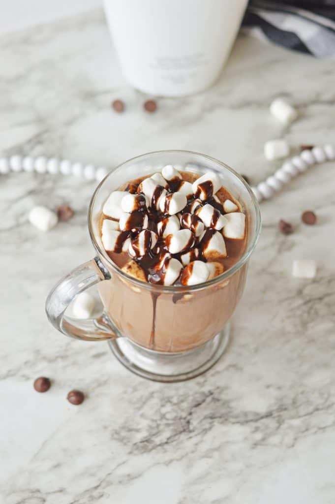 Easy Rumchata Hot Chocolate Recipe pin image of drink.