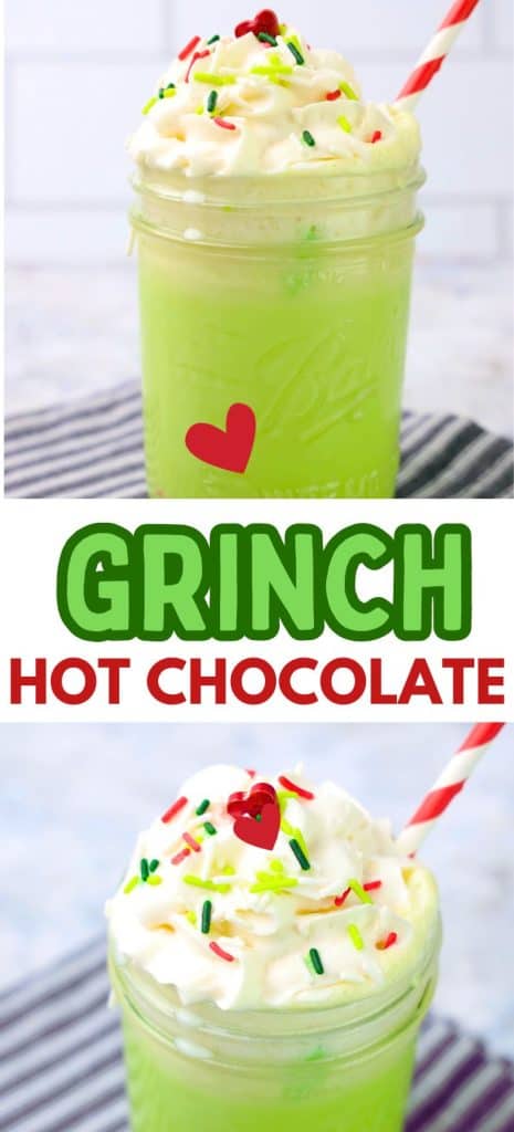 Grinch Hot Chocolate in cup with whipped cream.