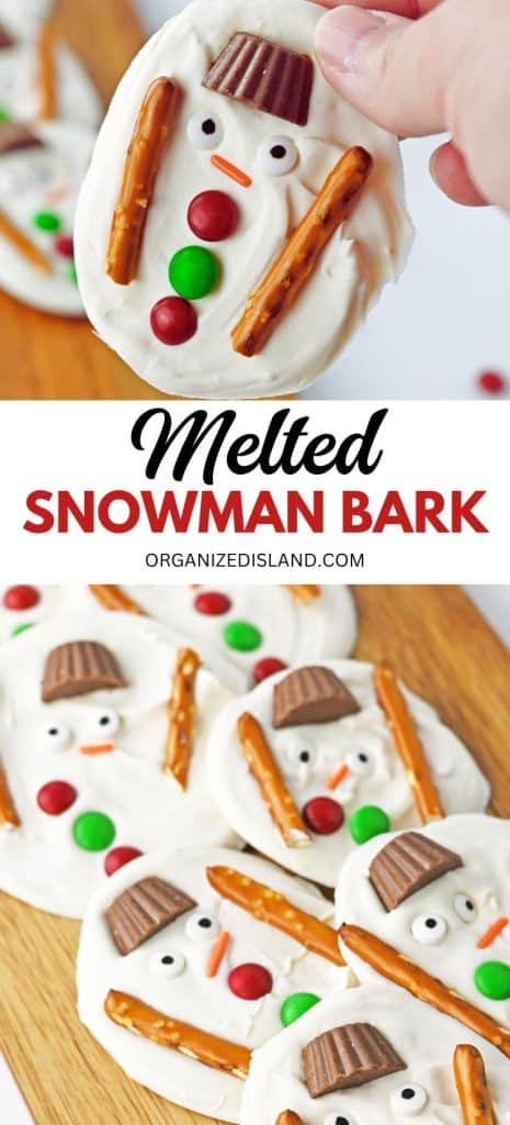 Easy Melted Snowman Bark in hand and on tray.