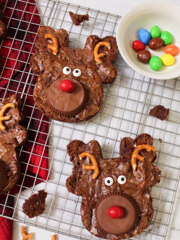 Reindeer Brownies on baking rack.