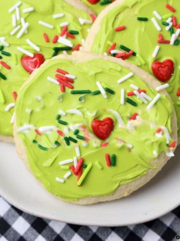 Easy Grinch Cookies Lofthouse style on plate.