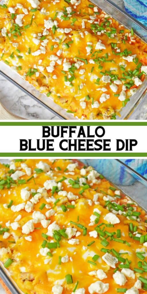 Layered Buffalo Chicken Blue Cheese Dip in casserole dish.