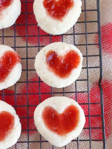 Heart Thumbprint Cookies on rack.