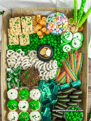 St. Patrick's Day Dessert Board with treats.