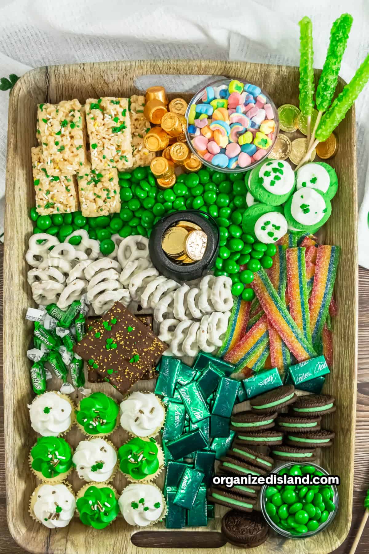 St. Patrick's Day Dessert Board with treats.