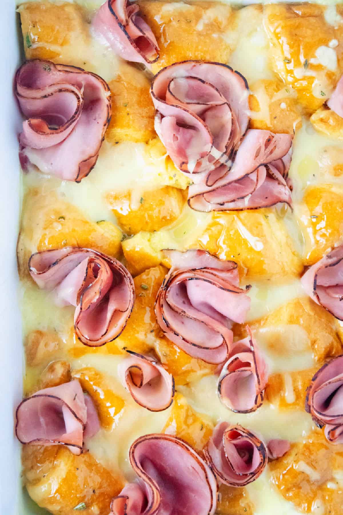 Baked Egg Ham and Cheese Casserole in dish.