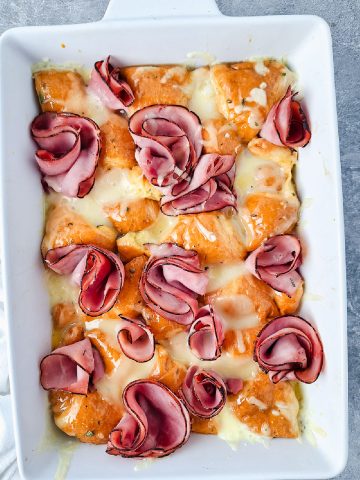 Ham Egg and Cheese Breakfast Casserole in dish;