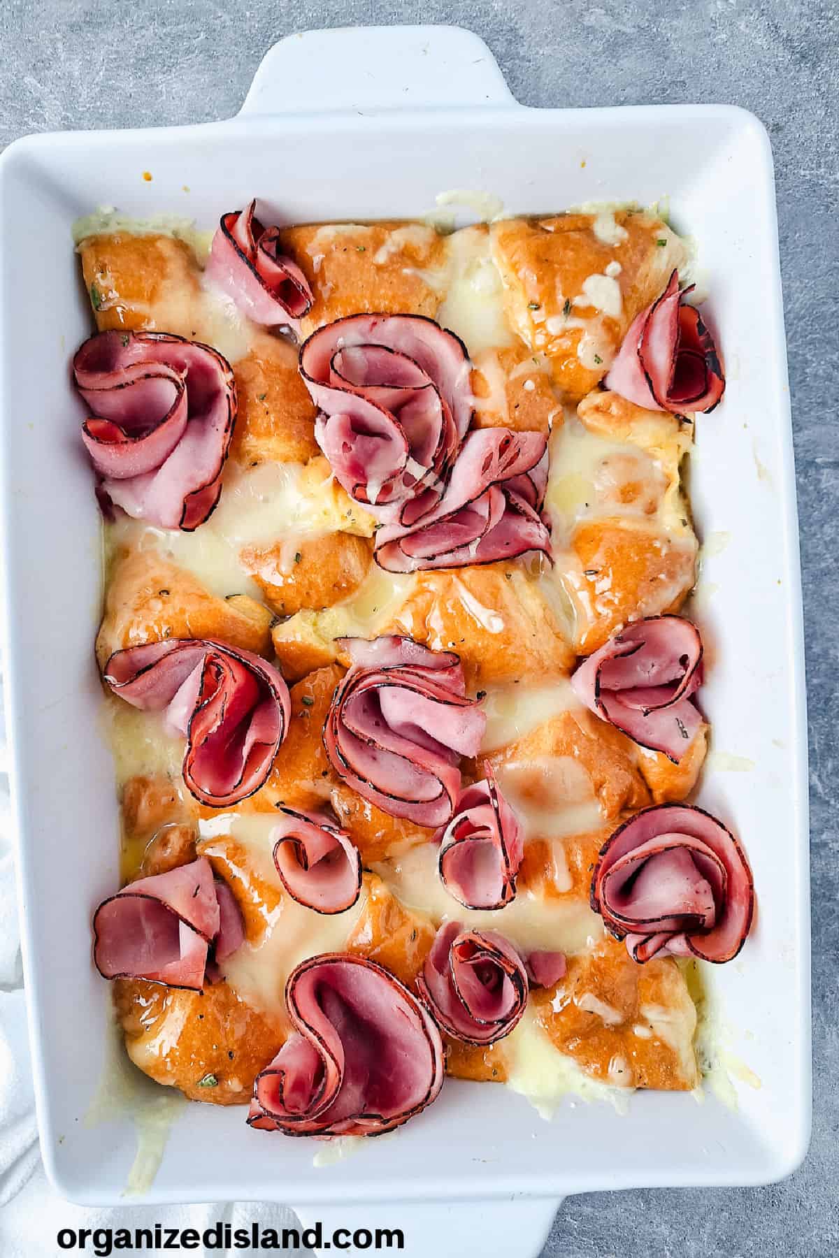 Ham Egg and Cheese Breakfast Casserole in dish;