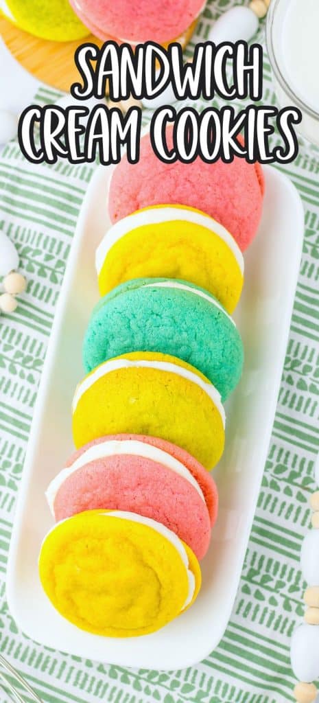 Colorful Sandwich Cream Cookies on tray.