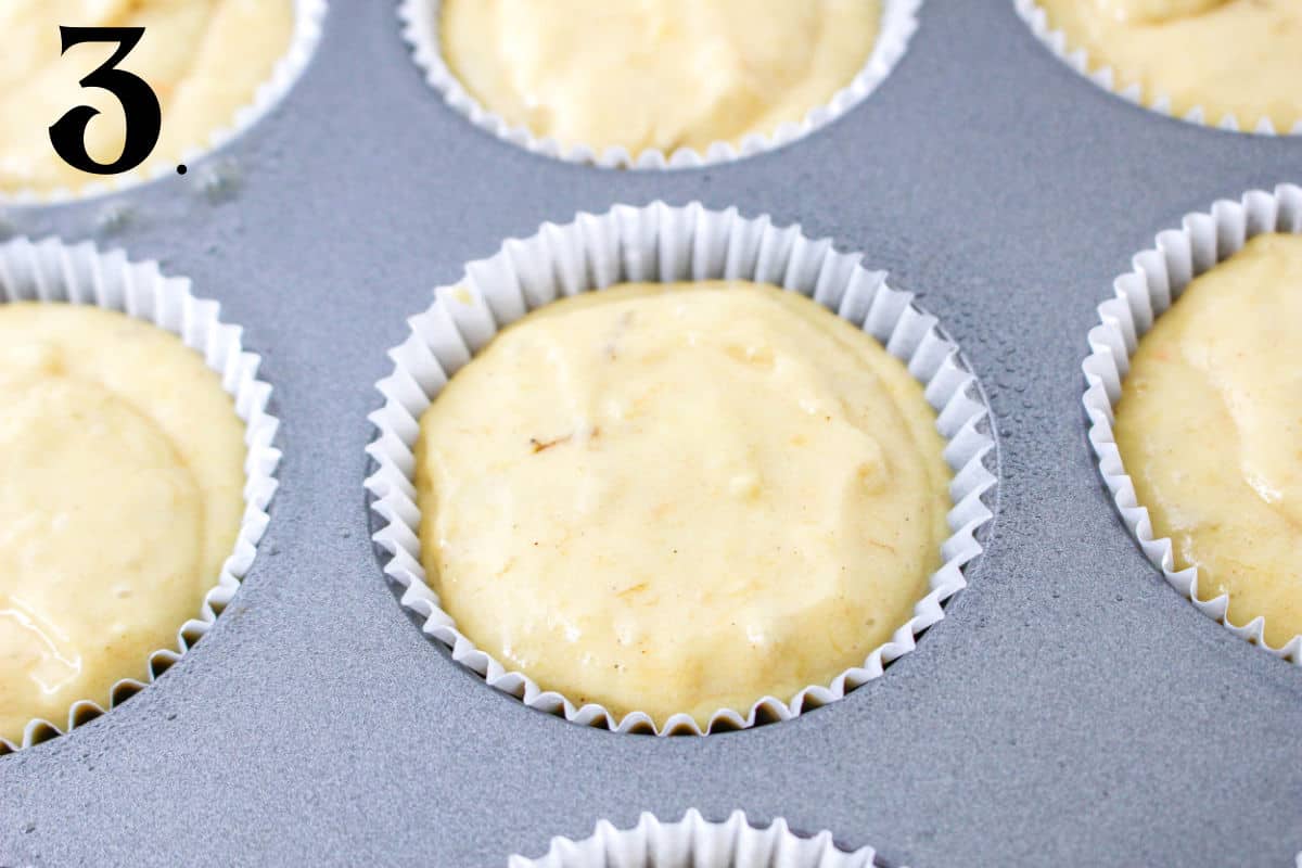 How to Make Banana Cake Mix Muffins - Step 3 - muffin batter in liners.