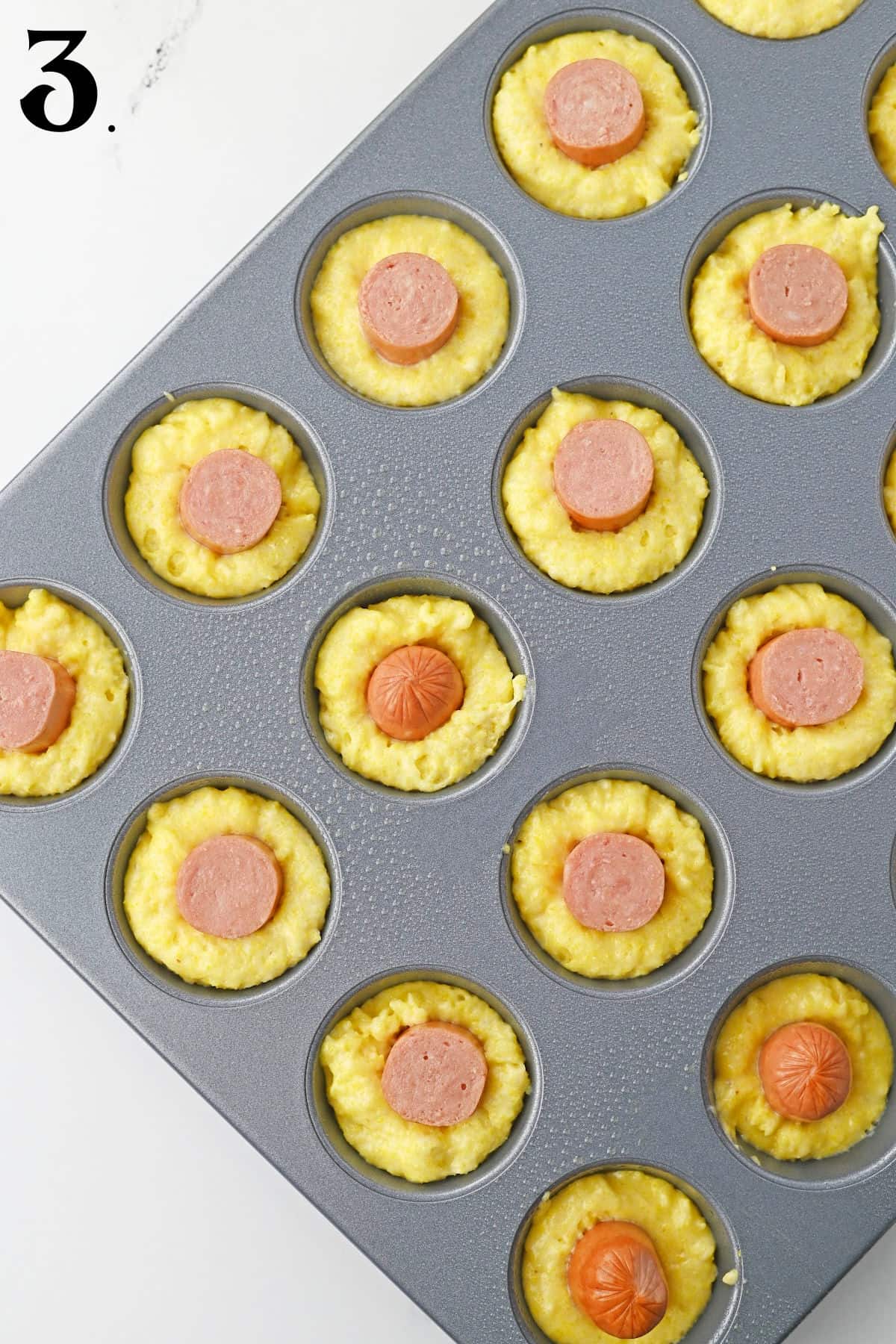 how to make Easy Corndog Bites - step 3 - mini corndogs ready to bake.