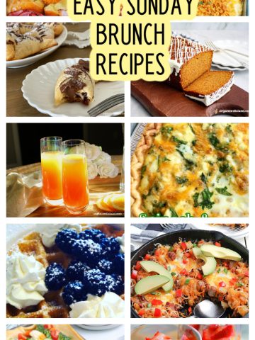 Sunday Brunch recipes - collage of egg casseroles, fruits, quiches, mimoosas.
