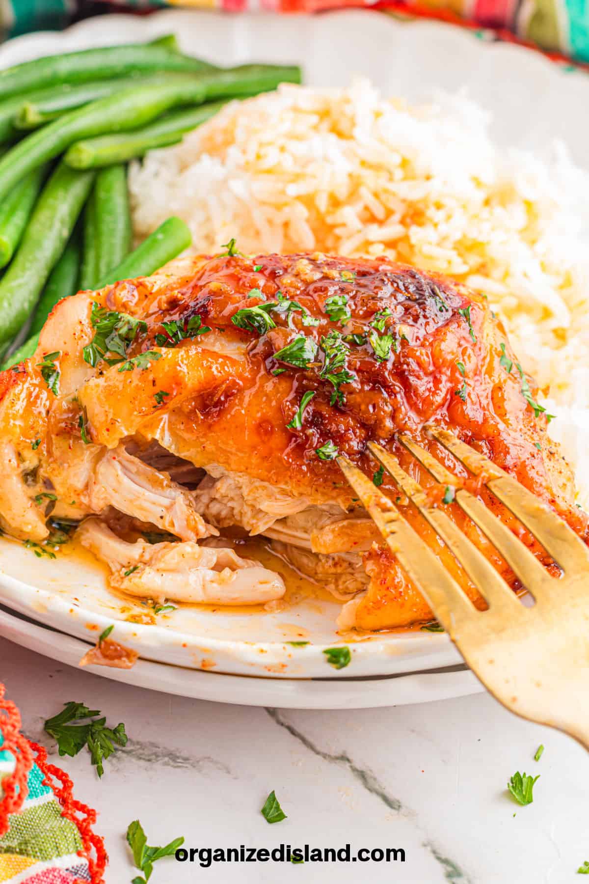 Easy Honey Mustard Chicken Thighs on plate with rice and green beans