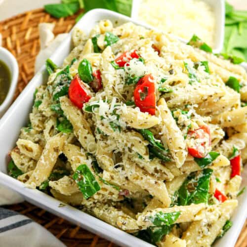 Pesto Ricotta Pasta in white bowl