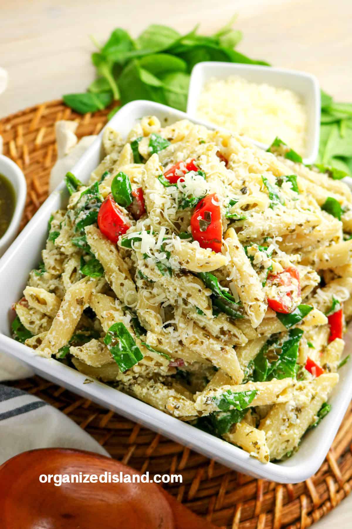 Pesto Ricotta Pasta in white bowl