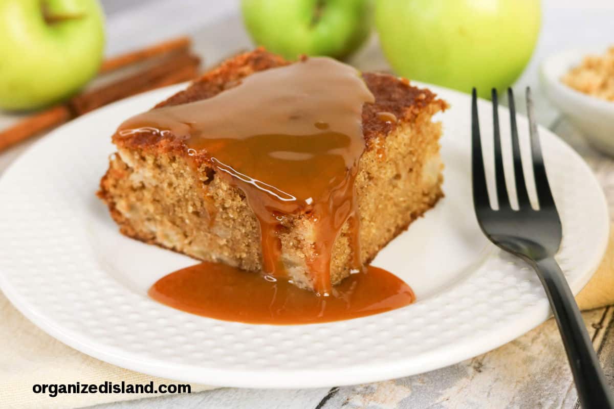 Best Apple Spice Cake with caramel sauce on plate.