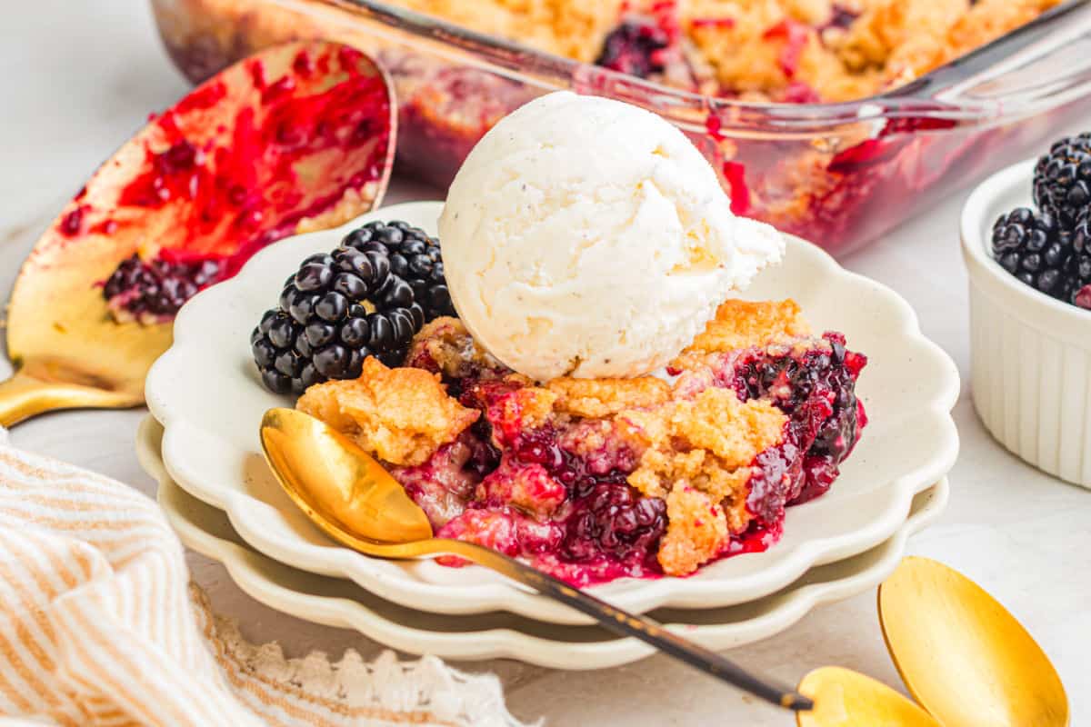 Best Blackberry Cobbler with ice cream on plate.