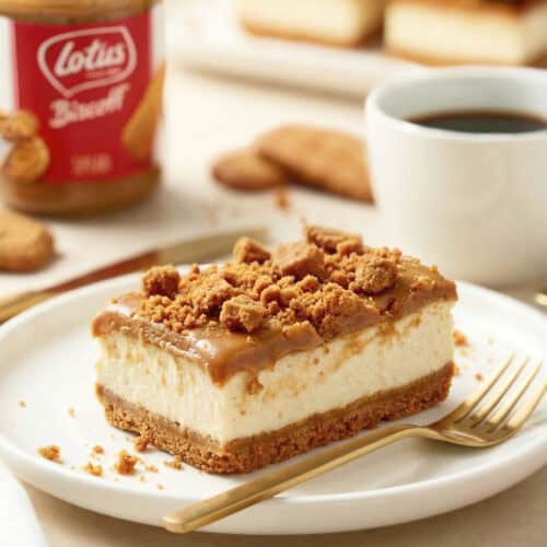Lotus Biscoff Cheesecake Bars on white plate with fork.