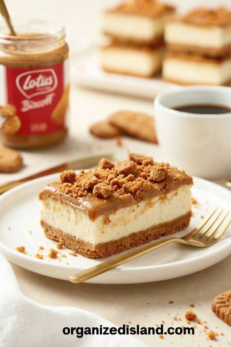 Lotus Biscoff Cheesecake Bars on white plate with fork.