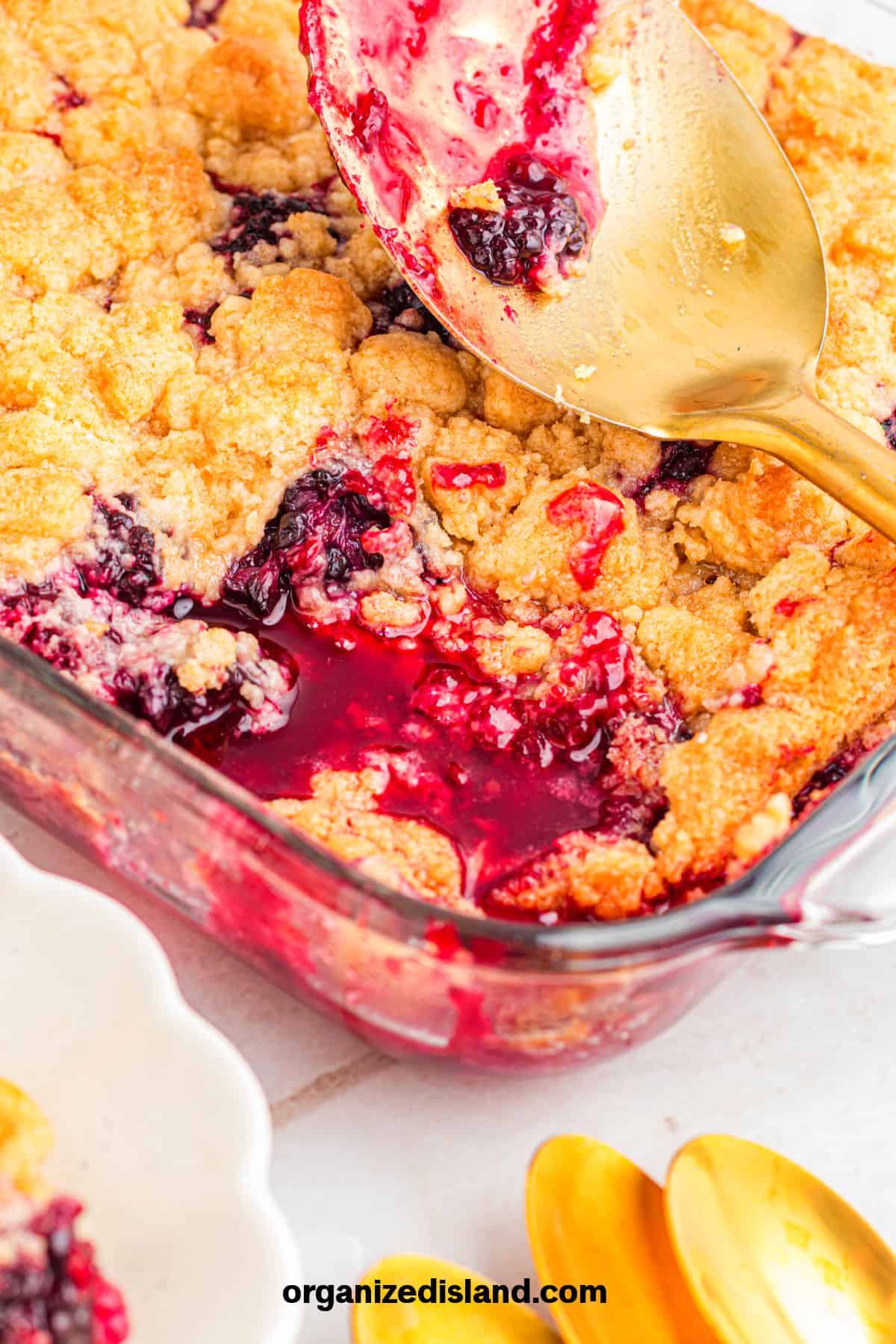 Blackberry Cobbler Recipe Easy in clear casserole dish.