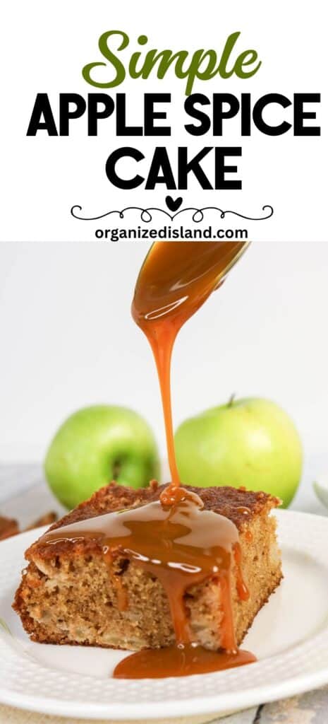 Easy Apple Spice Cake (1) with caramel sauce dripping on top.