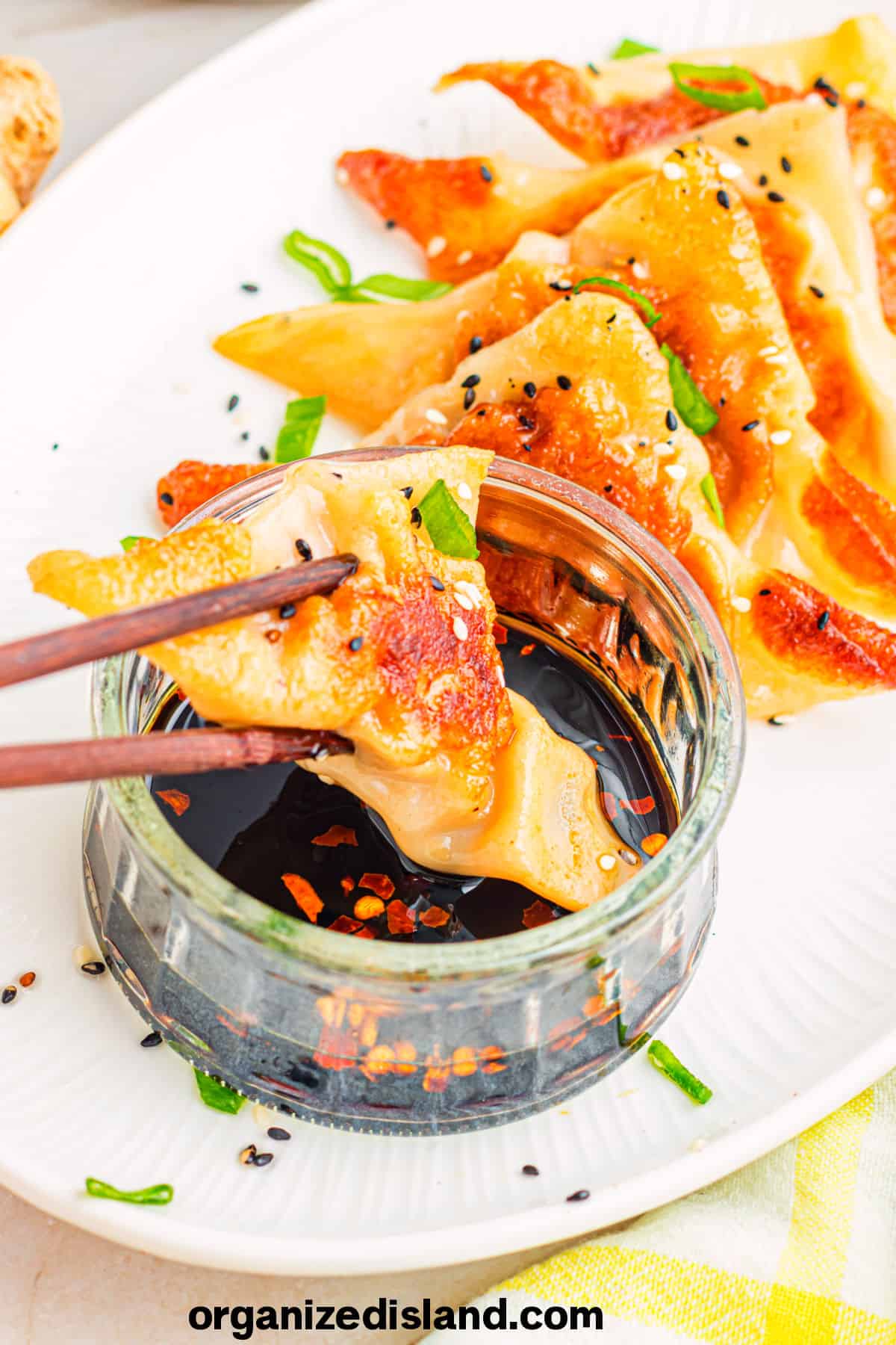 Easy Potstickers dipped in sauce on white plate