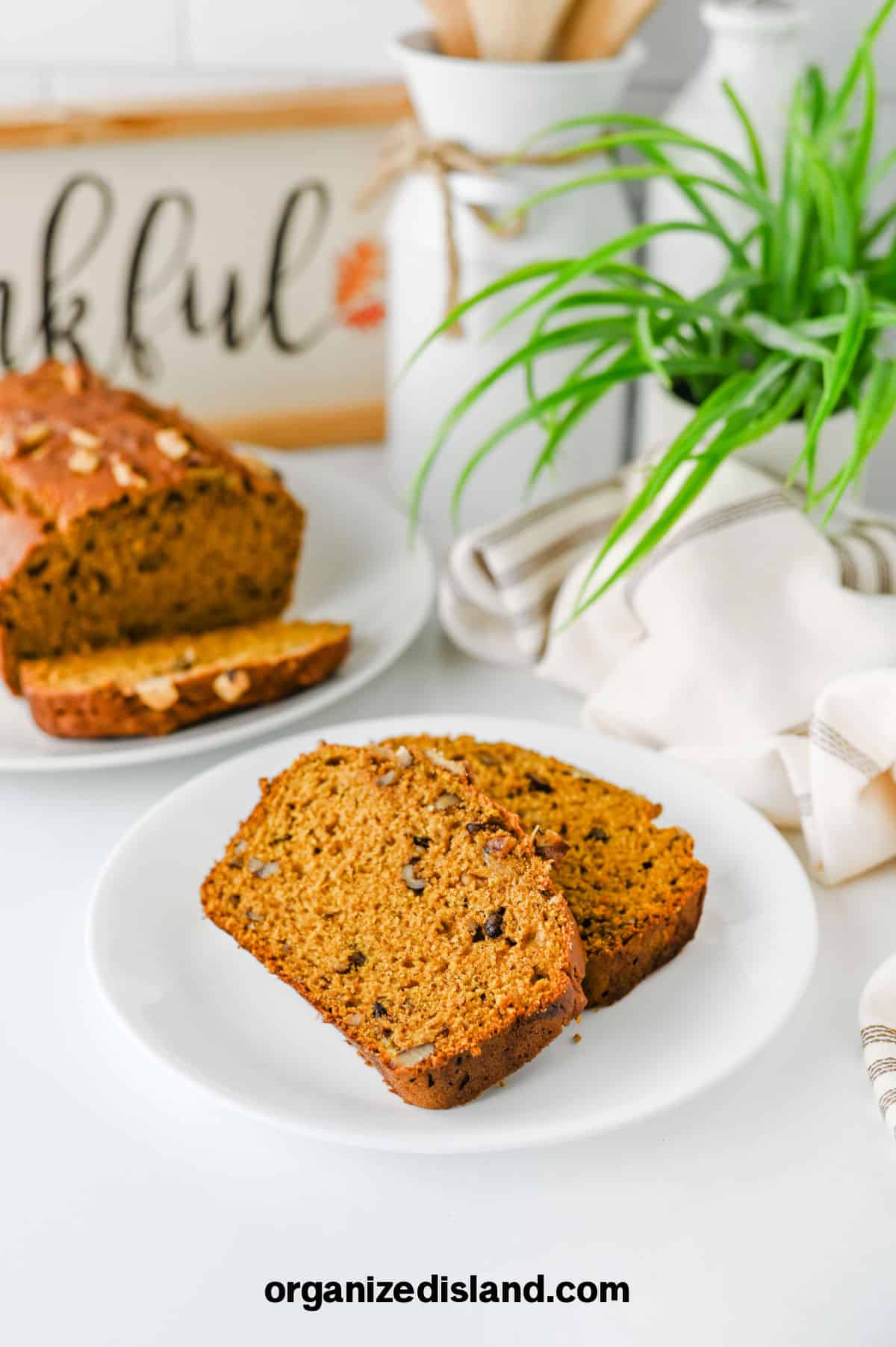 Easy Pumpkin and Banana Bread on plate, slided.
