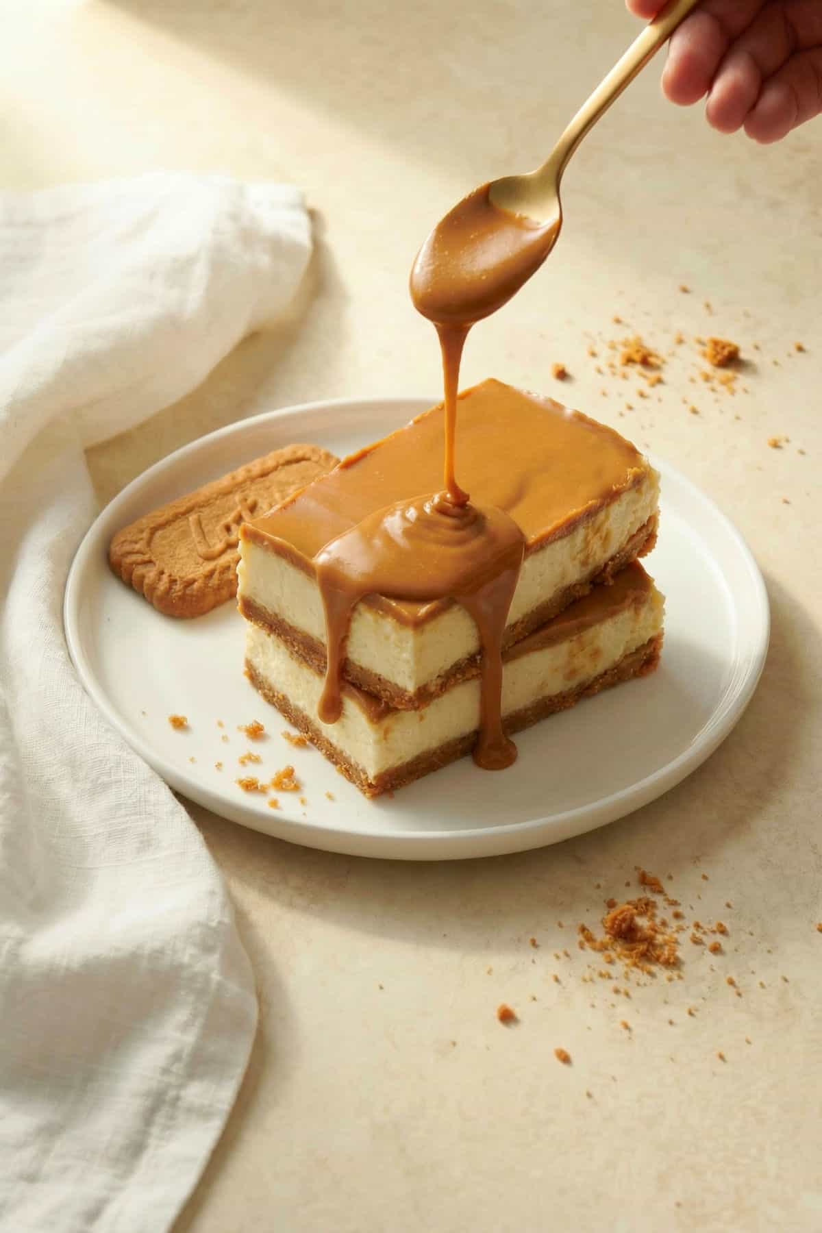 Biscoff Cheesecake Bars with caramel drizzeled on top