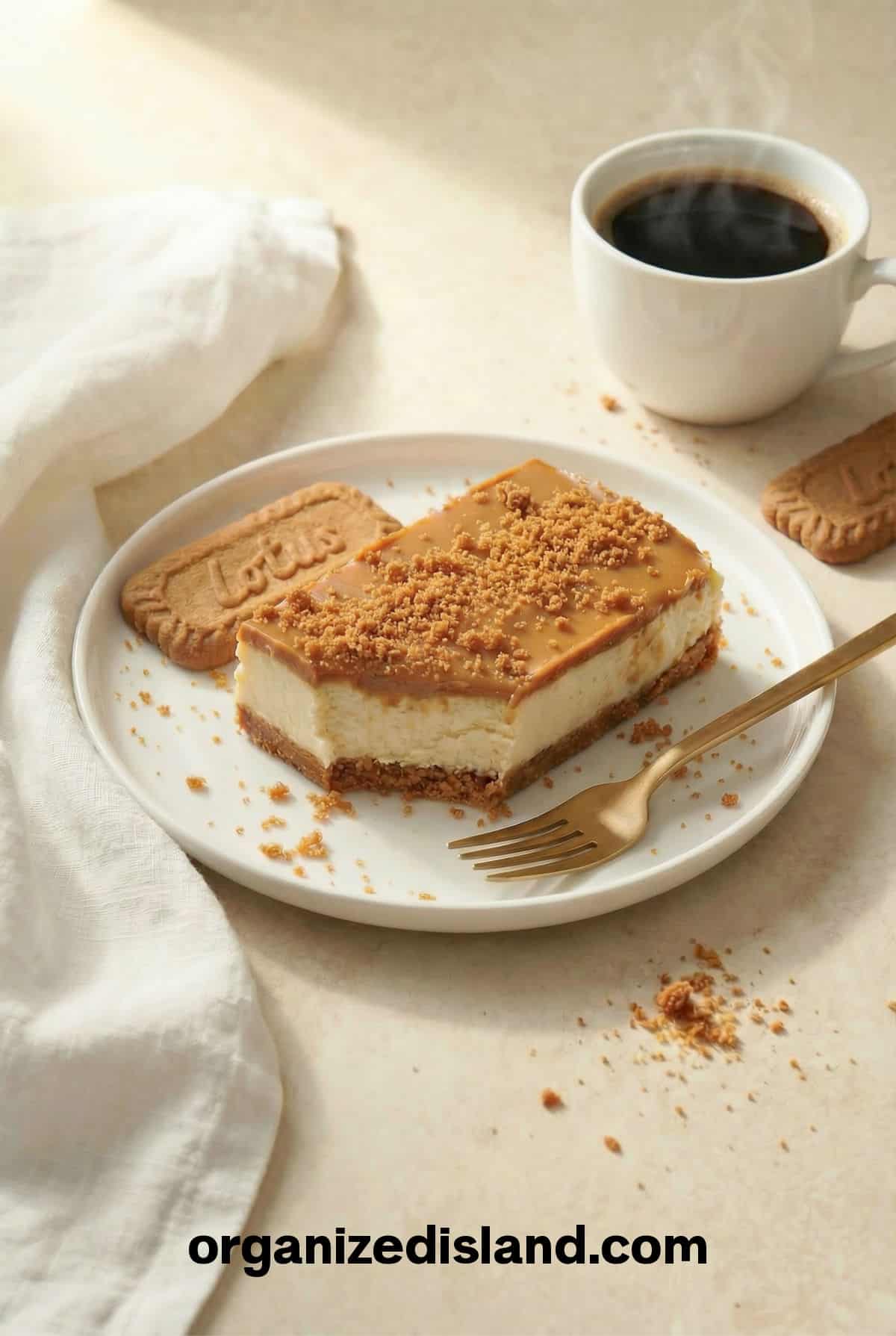Lotus Biscoff Bars on plate with fork.