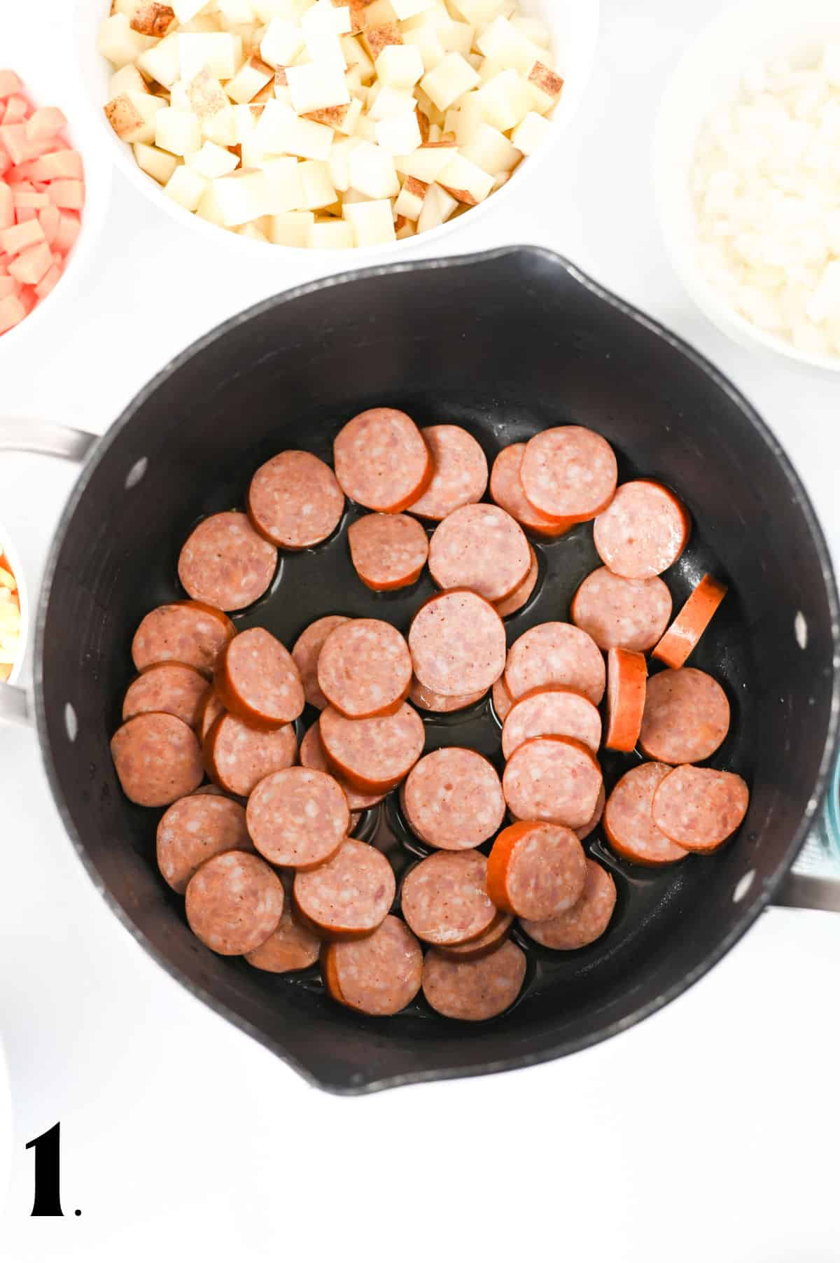 How to Make Kielbasa Potato Soup Step 1 - sautèeing Kielbasa sausage.