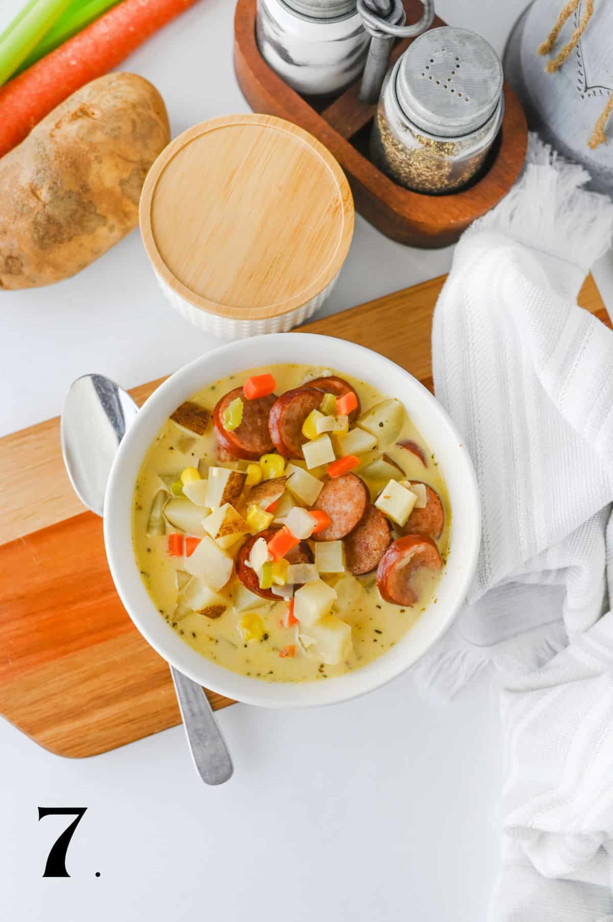 How to Make Kielbasa Potato Soup Step 7- serve in bowls.