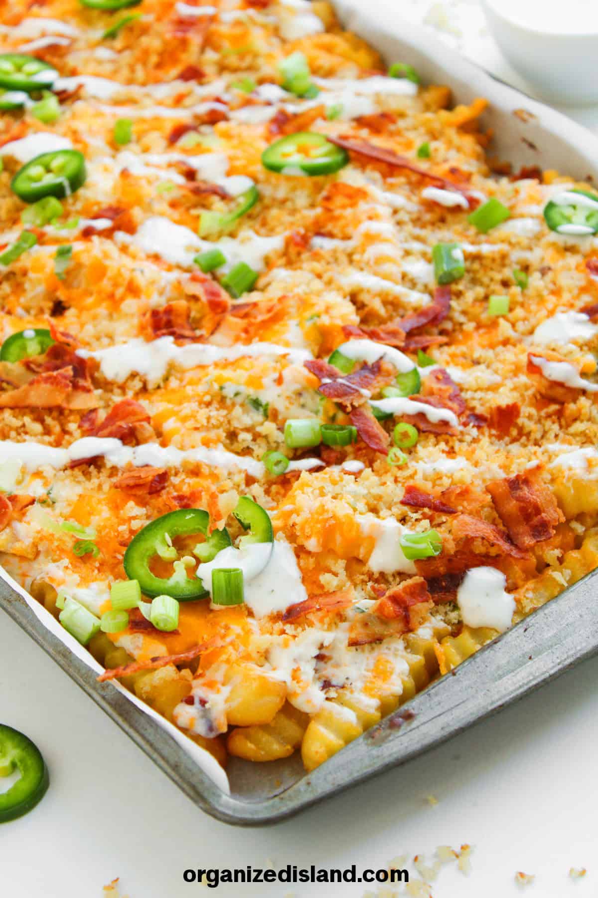 Jalapeno Popper French Fries with cheese in sheet pan.