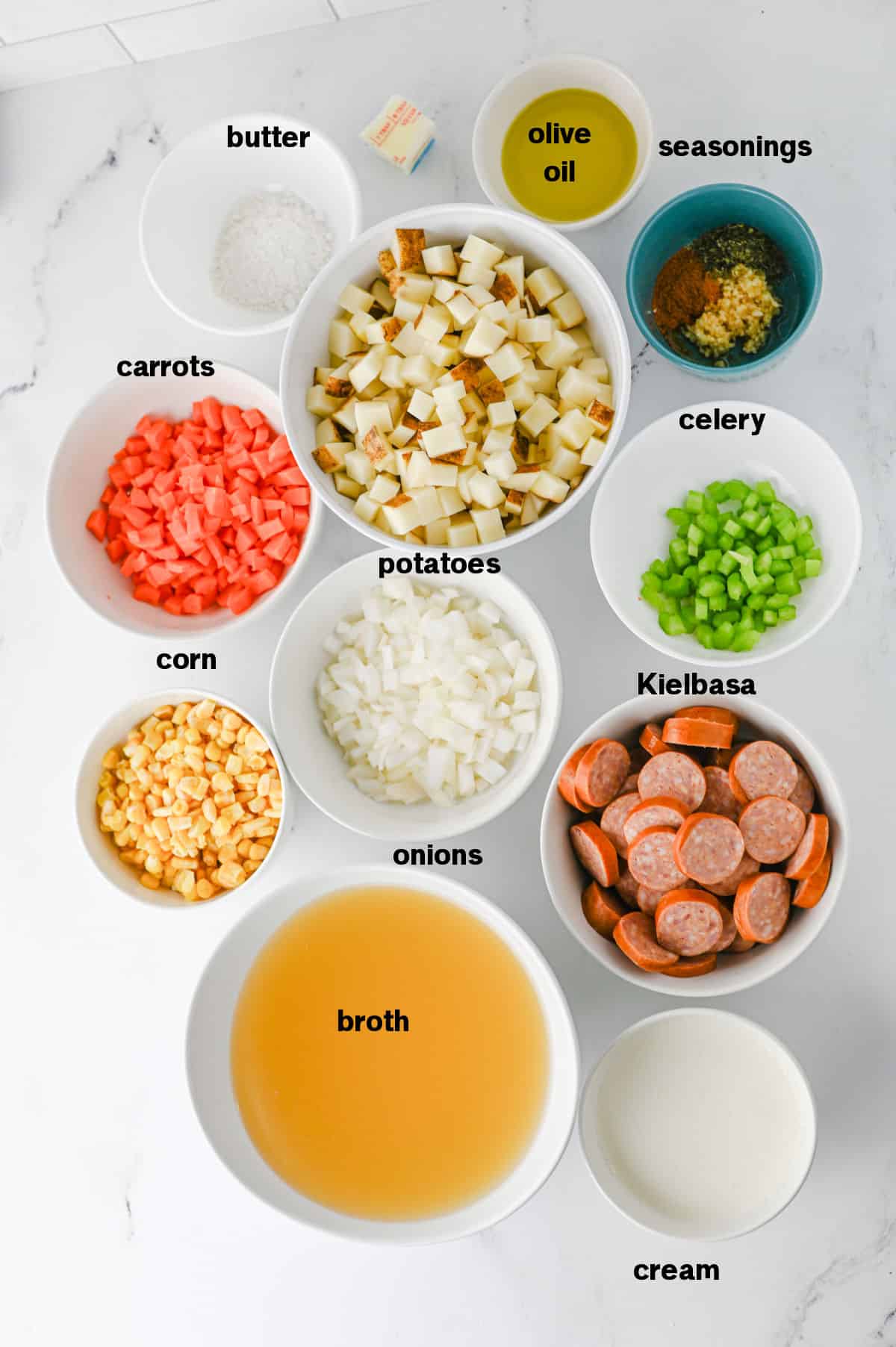 Kielbasa Potato Soup Ingredients on counter.