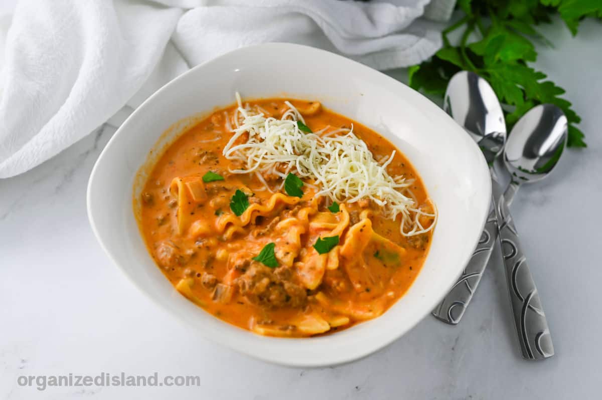 Best Crockpot Lasagna Soup in bowl.