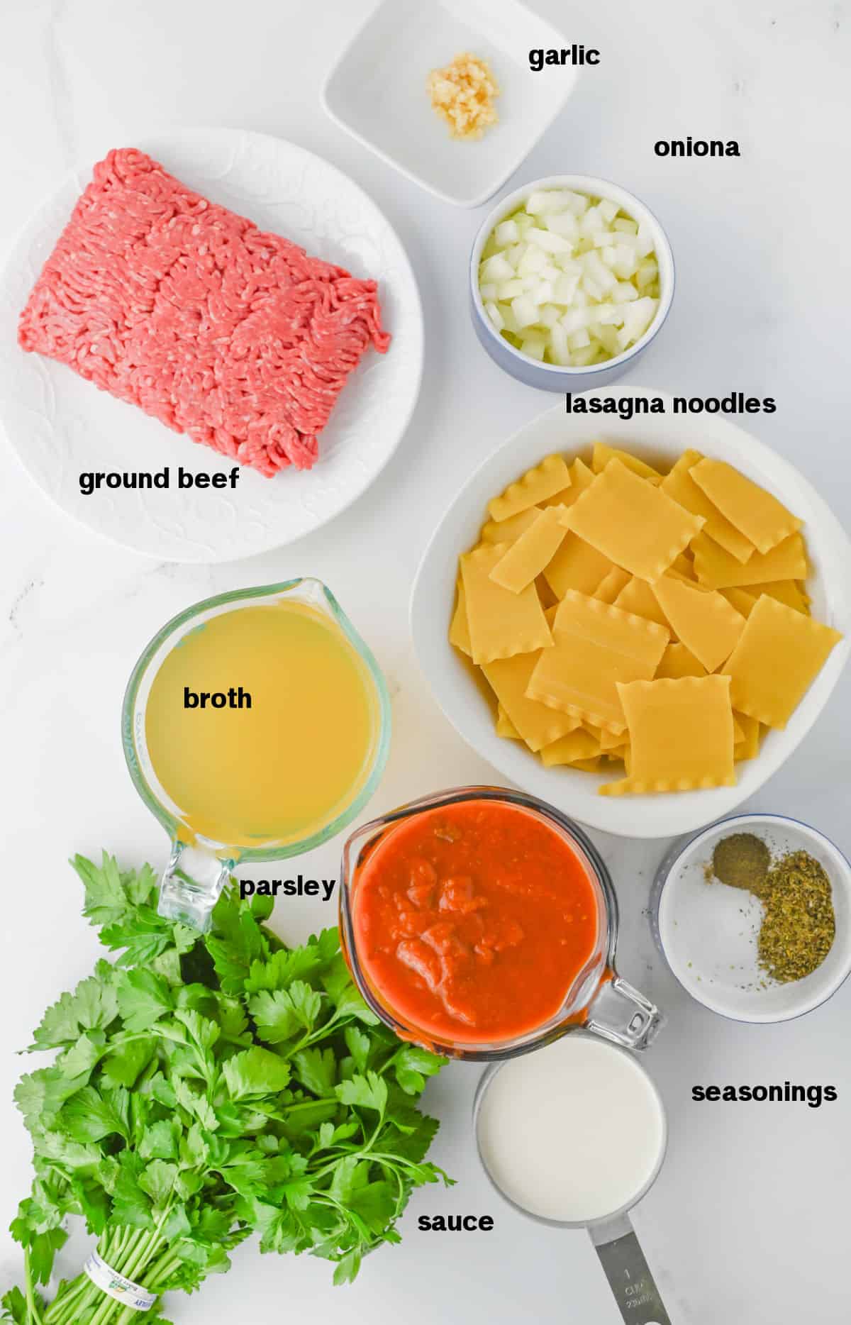 Crockpot Lasagna Soup ingredients on counter.
