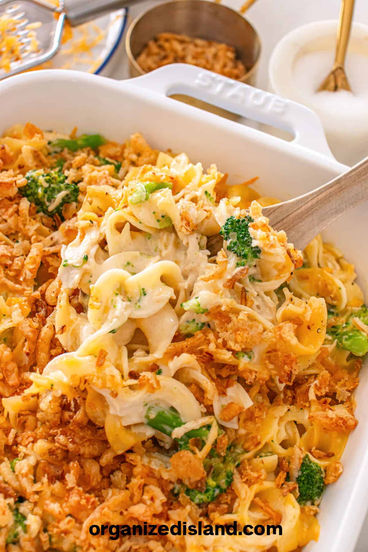 Easy Chicken Broccoli Noodle Casserole in pan.