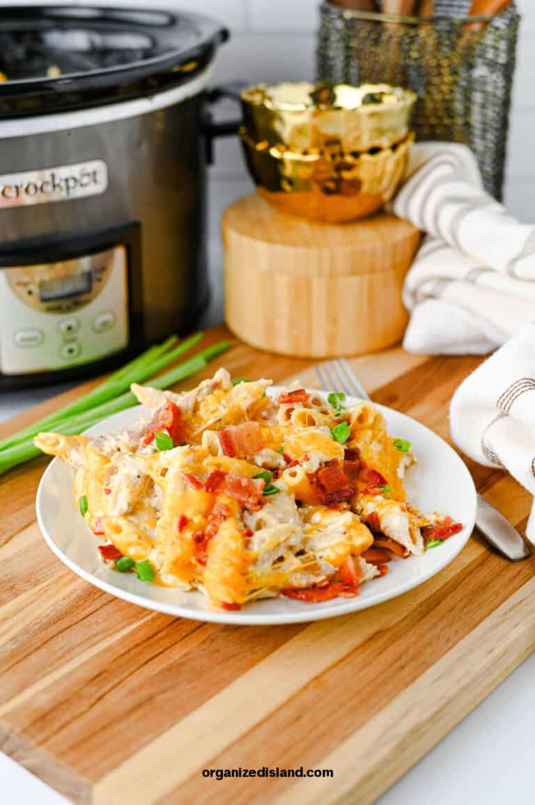 Easy CrockPot Crack Chicken Pasta next to crockpot