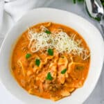 Easy Crockpot Lasagna Soup or Slow Cooker Lasagna Soup in bowl with spoon.