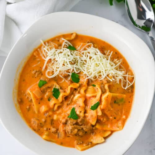 Easy Crockpot Lasagna Soup or Slow Cooker Lasagna Soup in bowl with spoon.