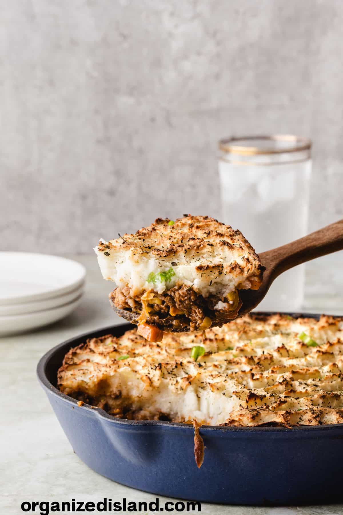 Shepherds Pie Recipe spooned out of pan.