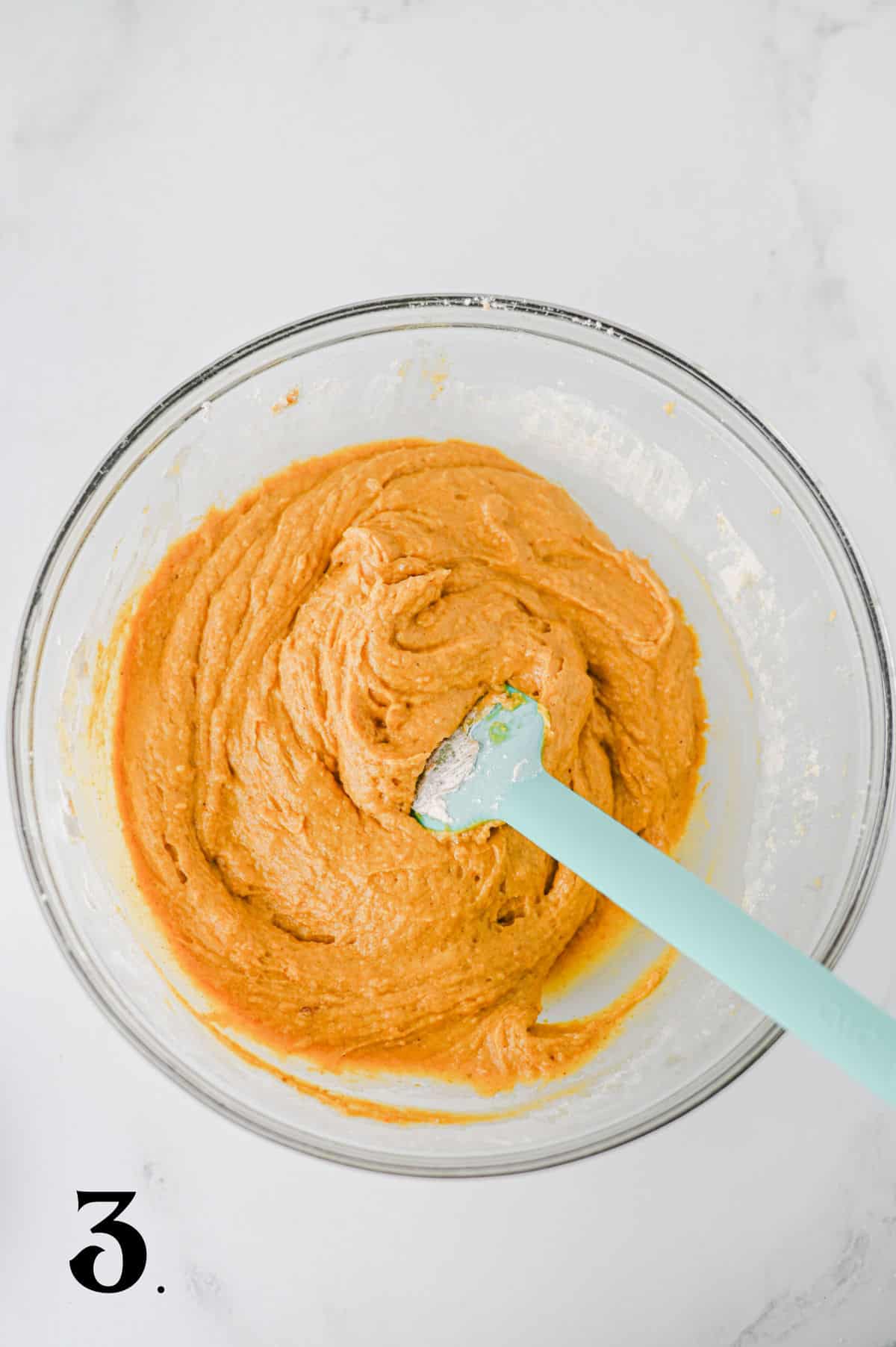How to Make Pumpkin Coffee Cake Step 3 mixing batter in bowl.