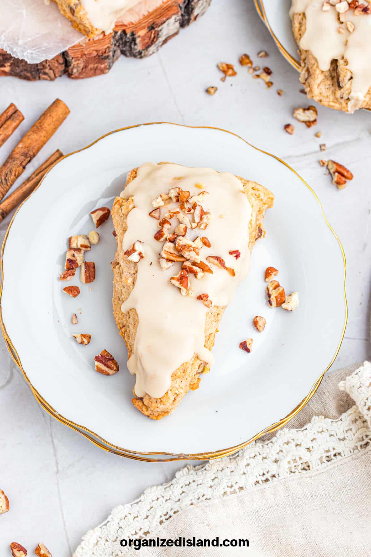 Pecan Maple Scones on white plate.