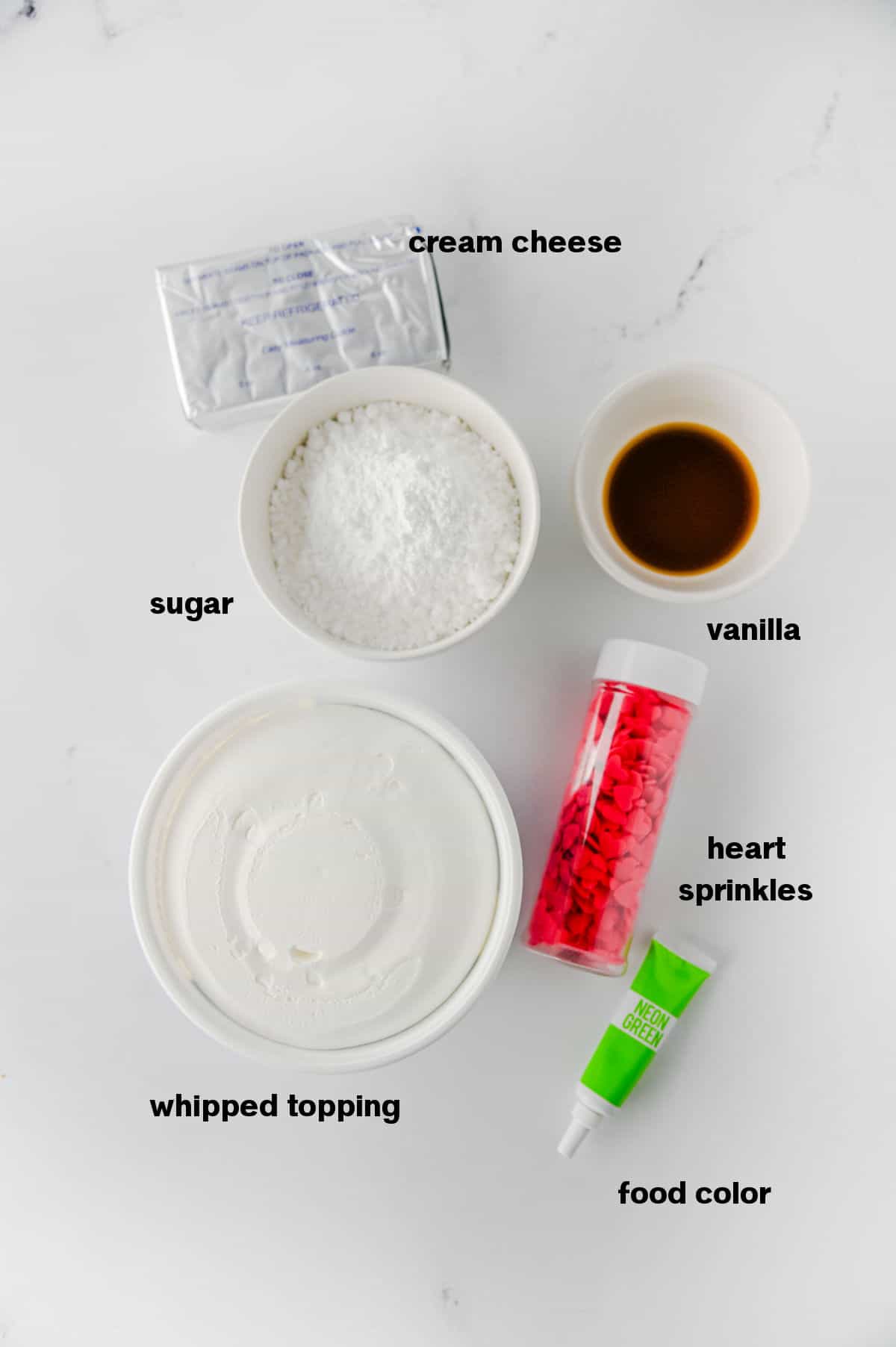 Grinch Dip Ingredients on ounter.